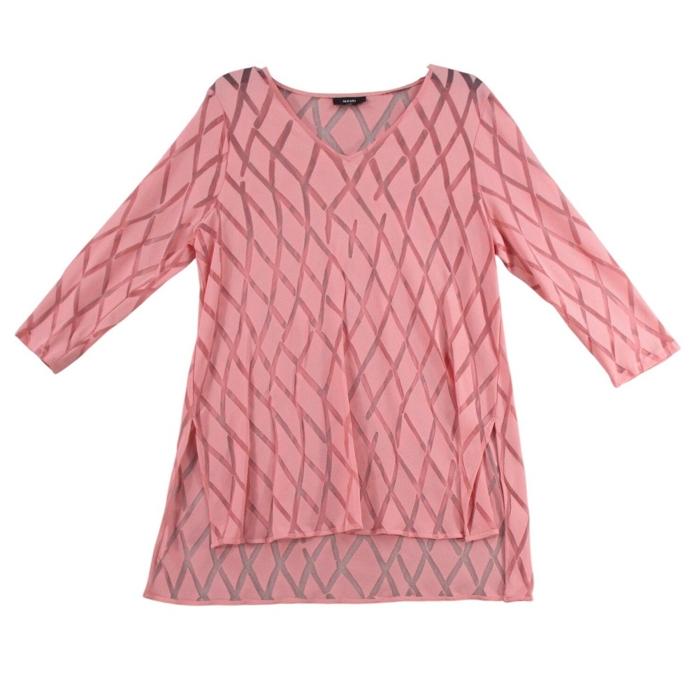 Alfani Womens Pink Geometric Burnout V-Neck Tunic Blouse 3/4 Sleeve Top Size L